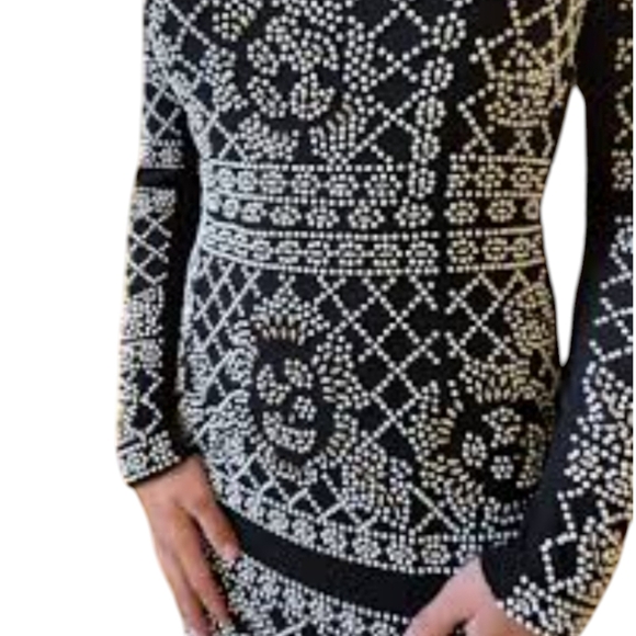 XSCAPE black knit party long sleeve sexy dress with white and clear beads sz 10 - Picture 3 of 11
